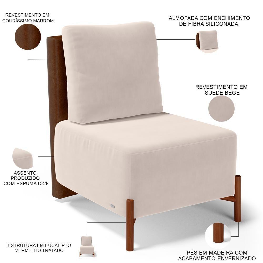 Poltrona Decorativa Living Pés Madeira Hungria L02 Couríssimo Marrom Suede Bege - Lyam - 8