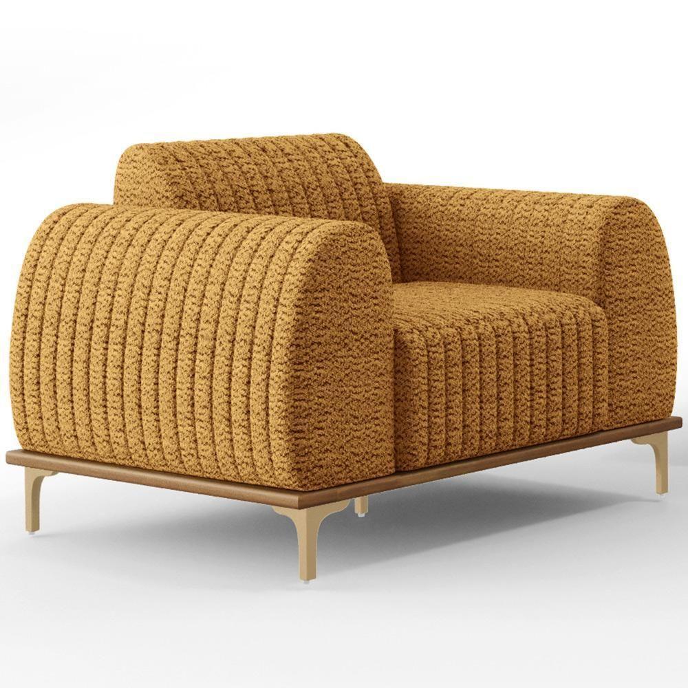 Poltrona Decorativa Base De Madeira Castanho E Pés Metalizado D'ouro Molino D02 Prime Bouclê Mostrada Pb-03 - Lyam Decor - 1