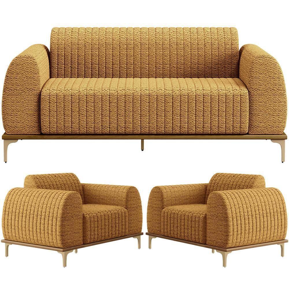 Kit Sofá 3 Lugares 210cm Com 02 Poltronas Molino Base Castanho Pés D'ouro D02 Prime Bouclê Mostarda Pb-03 - Lyam Decor - 1