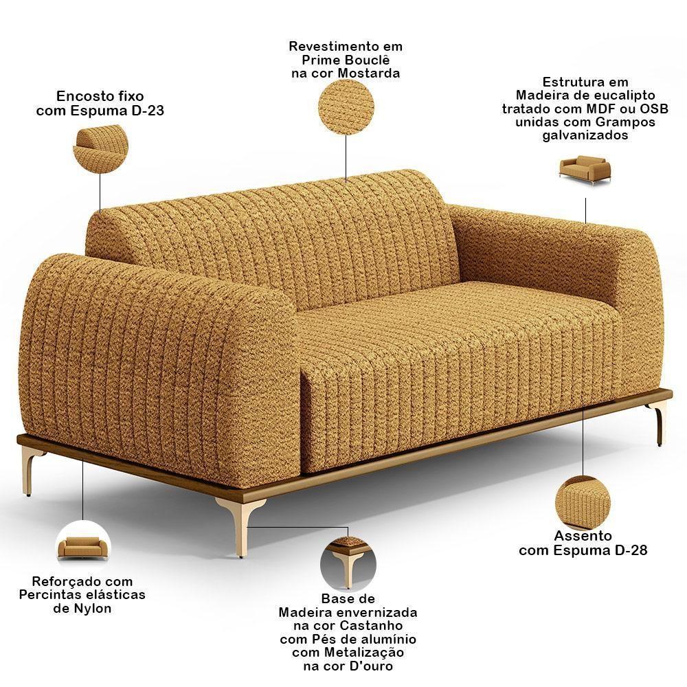 Kit Sofá 3 Lugares 210cm Com 02 Poltronas Molino Base Castanho Pés D'ouro D02 Prime Bouclê Mostarda Pb-03 - Lyam Decor - 6