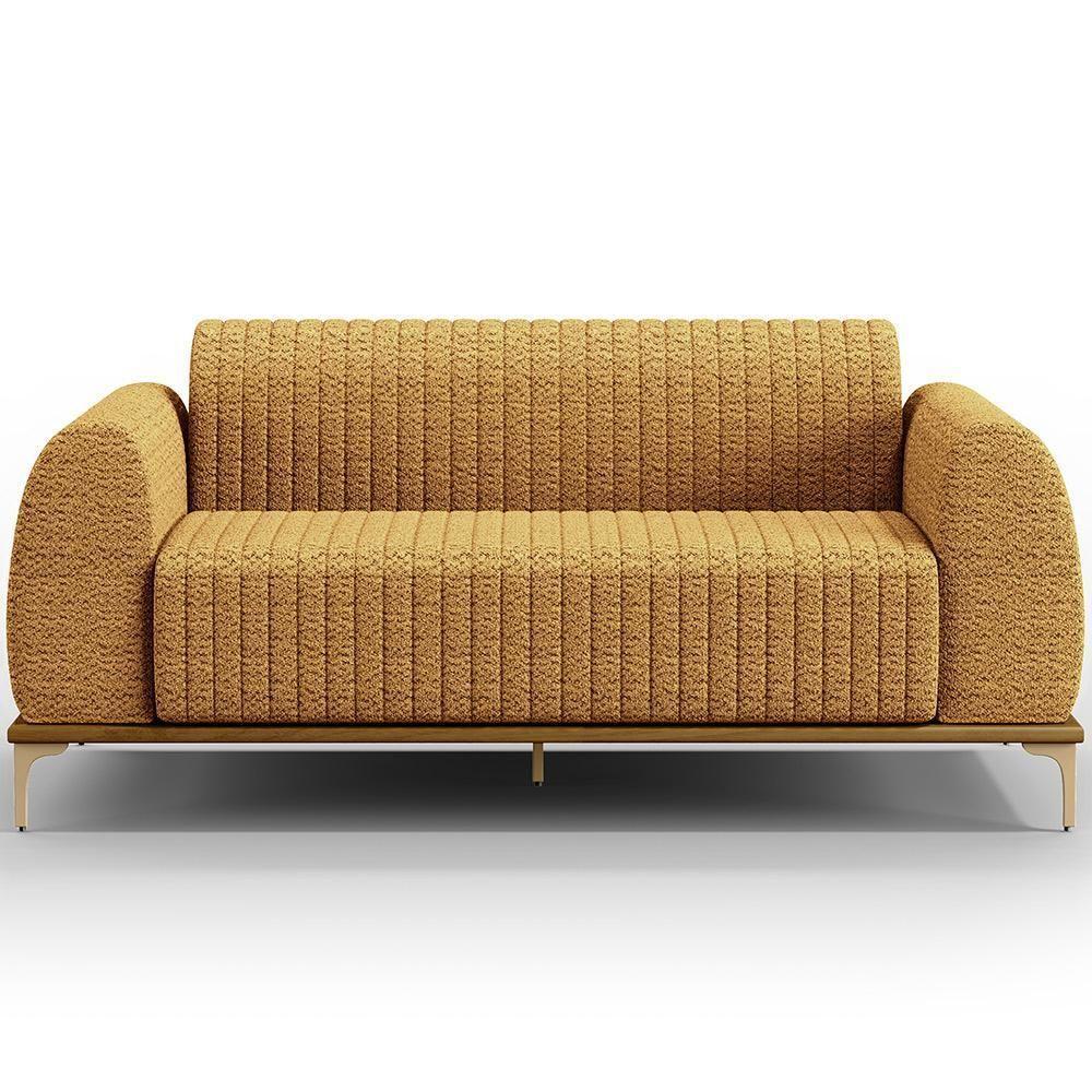 Kit Sofá 3 Lugares 210cm Com 02 Poltronas Molino Base Castanho Pés D'ouro D02 Prime Bouclê Mostarda Pb-03 - Lyam Decor - 7