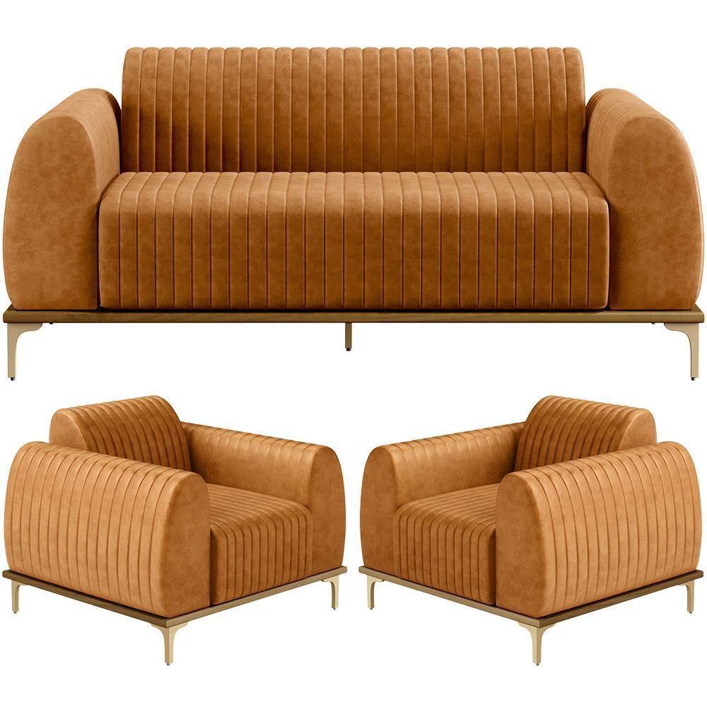 Kit Sofá 3 Lugares 210cm Com 02 Poltronas Molino Base Castanho Pés D'ouro D02 Couríssimo Whisky B-90 - Lyam Decor - 1
