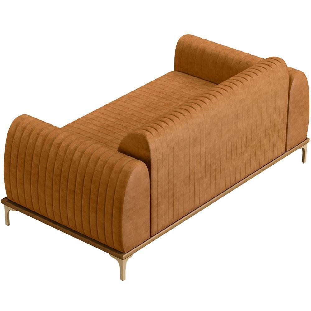 Kit Sofá 3 Lugares 210cm Com 02 Poltronas Molino Base Castanho Pés D'ouro D02 Couríssimo Whisky B-90 - Lyam Decor - 6