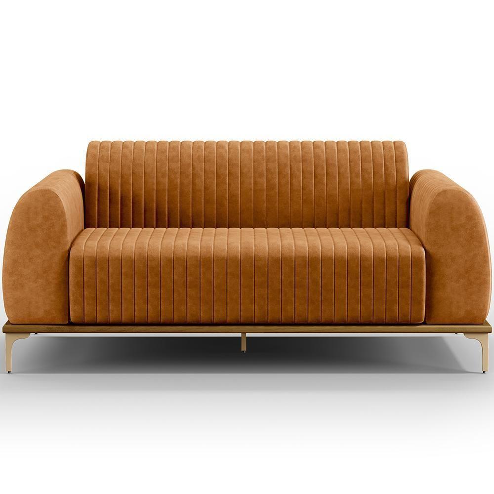 Kit Sofá 3 Lugares 210cm Com 02 Poltronas Molino Base Castanho Pés D'ouro D02 Couríssimo Whisky B-90 - Lyam Decor - 7