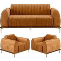 Kit Sofá 3 Lugares 210cm Com 02 Poltronas Molino Base Castanho Pés D'ouro D02 Couríssimo Whisky B-90 - Lyam Decor - 1