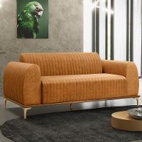 Kit Sofá 3 Lugares 210cm Com 02 Poltronas Molino Base Castanho Pés D'ouro D02 Couríssimo Whisky B-90 - Lyam Decor - 9