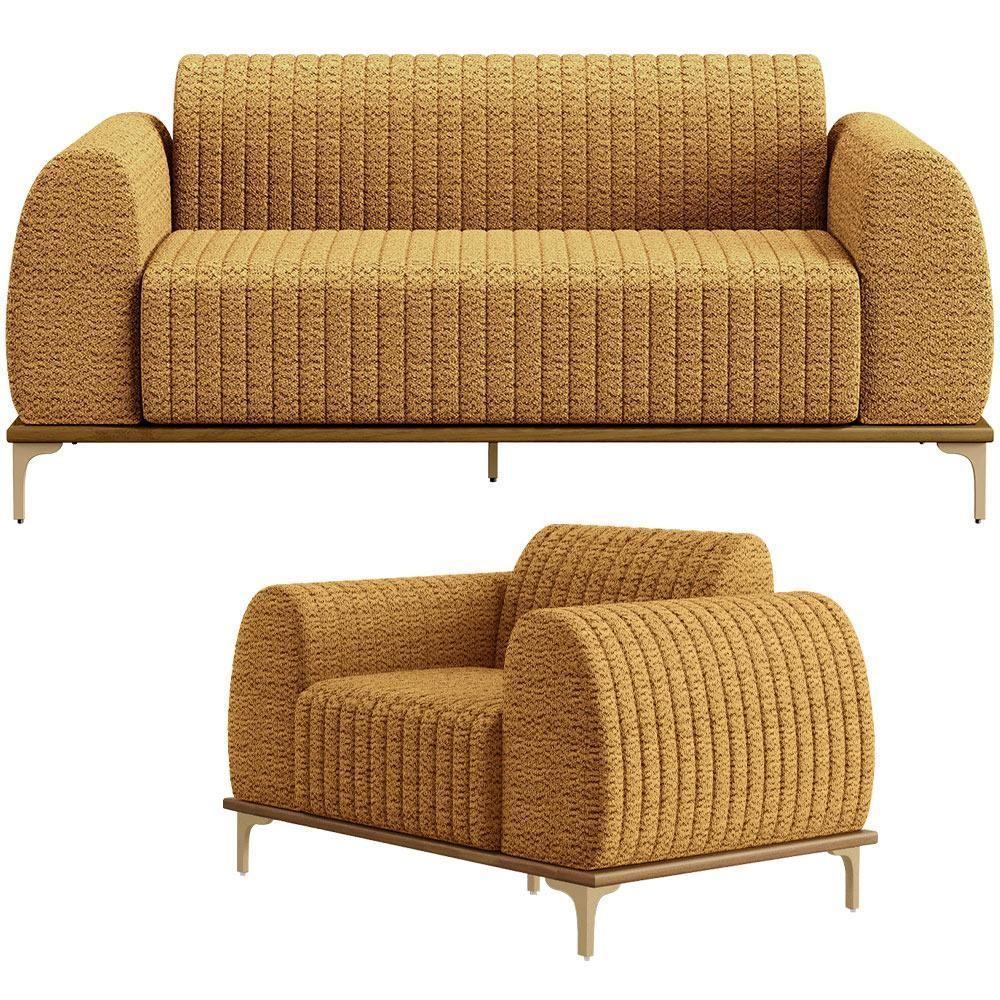 Kit Sofá 3 Lugares 210cm Com Poltrona Molino Base Castanho Pés D'ouro D02 Prime Bouclê Mostarda Pb-03 - Lyam Decor - 1