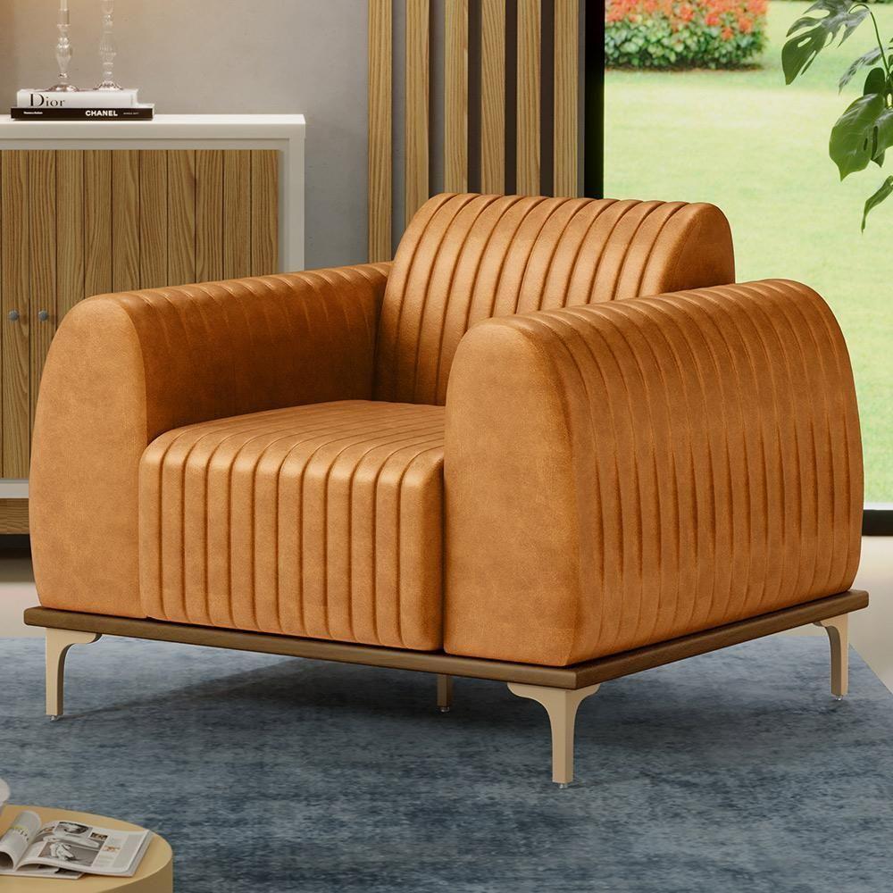 Kit Sofá 3 Lugares 180cm Com 02 Poltronas Molino Base Castanho Pés D'ouro D02 Couríssimo Whisky B-90 - Lyam Decor - 8