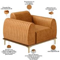 Kit Sofá 3 Lugares 180cm Com 02 Poltronas Molino Base Castanho Pés D'ouro D02 Couríssimo Whisky B-90 - Lyam Decor - 5