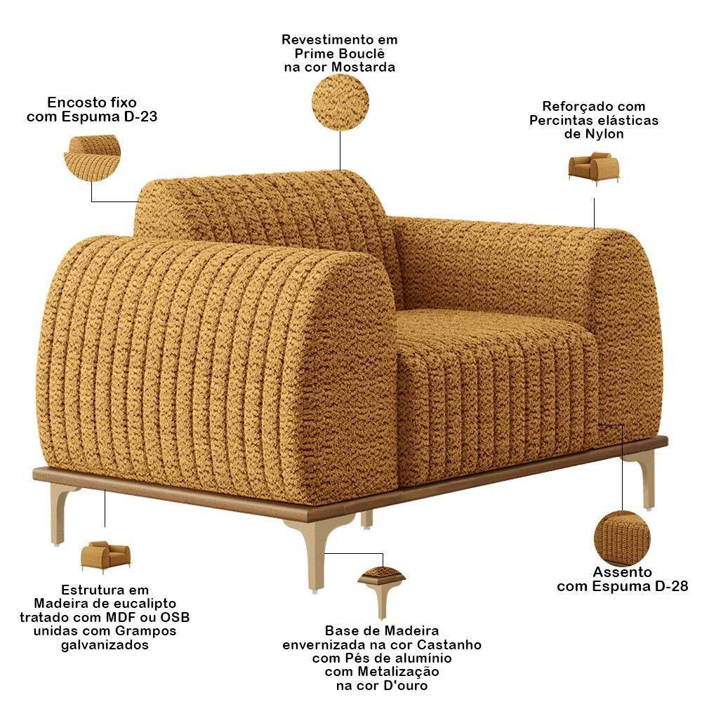 Kit Sofá 3 Lugares 180cm Com 02 Poltronas Molino Base Castanho Pés D'ouro D02 Prime Bouclê Mostarda Pb-03 - Lyam Decor - 9