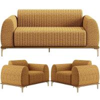 Kit Sofá 3 Lugares 180cm Com 02 Poltronas Molino Base Castanho Pés D'ouro D02 Prime Bouclê Mostarda Pb-03 - Lyam Decor - 1