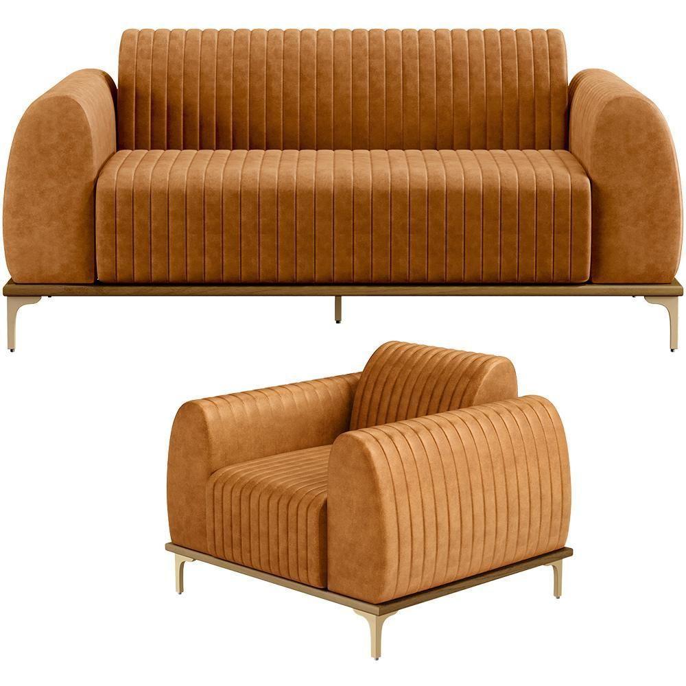 Kit Sofá 3 Lugares 180cm Com Poltrona Molino Base Castanho Pés D'ouro D02 Couríssimo Whisky B-90 - Lyam Decor - 1