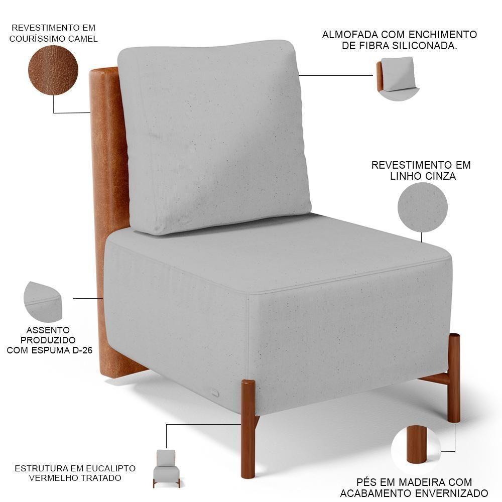 Poltrona Decorativa Living Pés Madeira Hungria L02 Couríssimo Camel Linho Cinza - Lyam - 8
