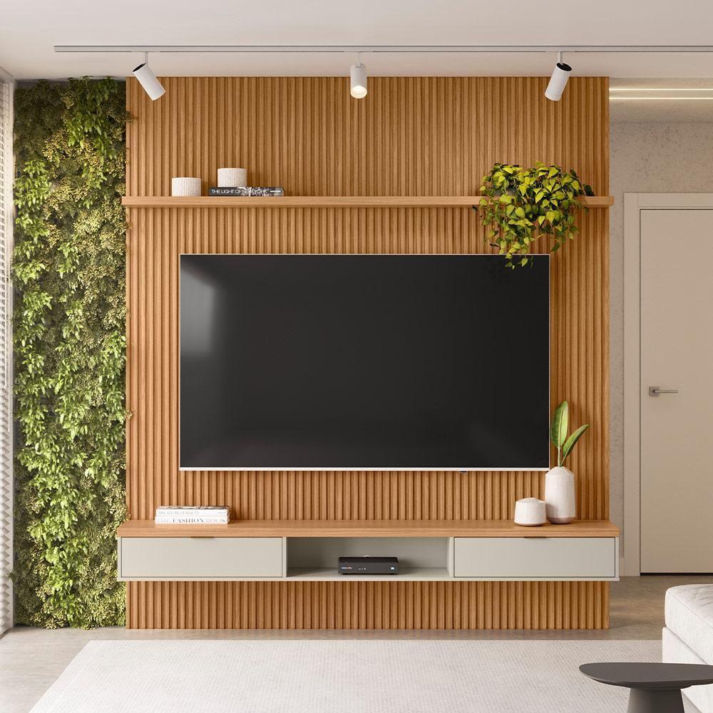 Painel Ripado Para Tv 75 Pol Slats E Bancada Lisa 219x250cm L05 Nature Off White - Lyam Decor - 5