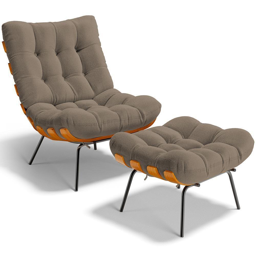 Poltrona Costela L02 Com Puff Bouclê Bege - Lyam Decor - 1