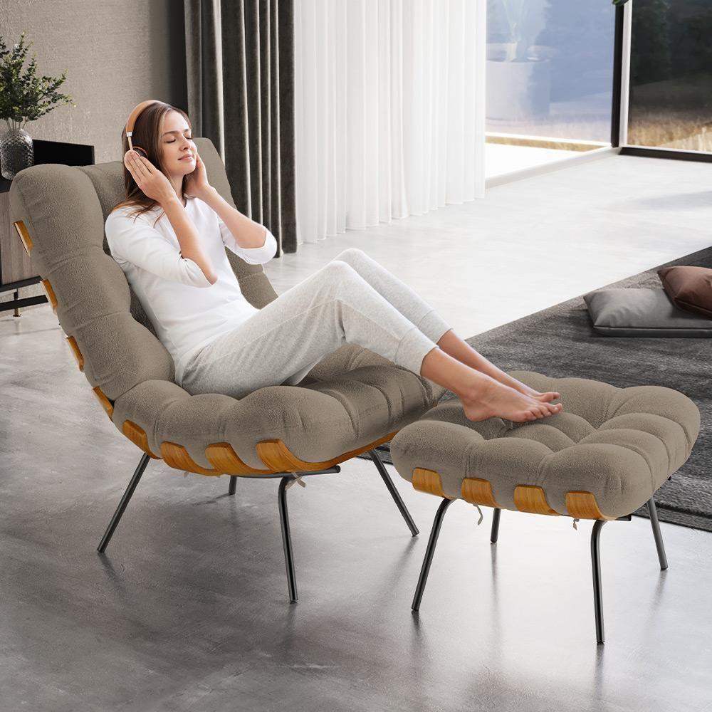 Poltrona Costela L02 Com Puff Bouclê Bege - Lyam Decor - 9