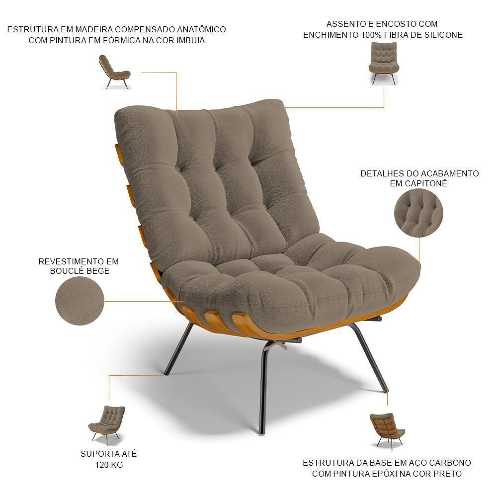 Poltrona Costela L02 Com Puff Bouclê Bege - Lyam Decor - 10