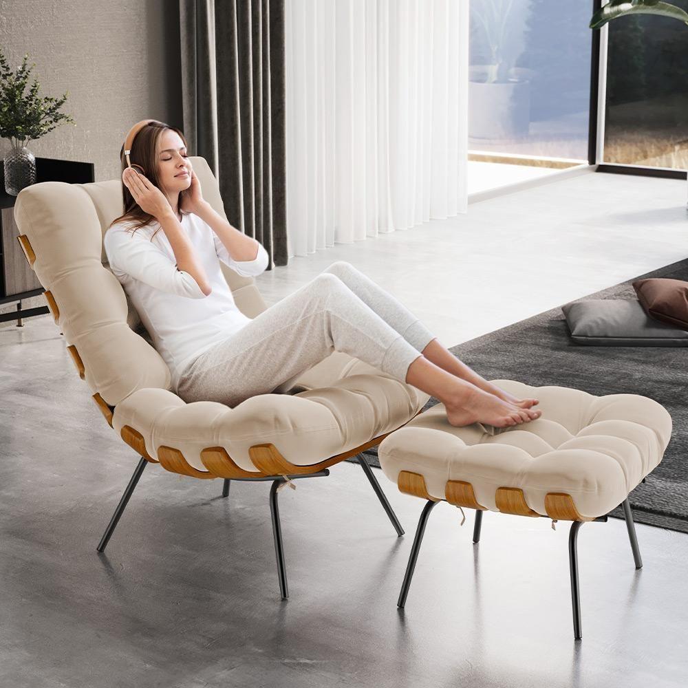 Poltrona Costela L02 Com Puff Suede Bege - Lyam Decor - 7