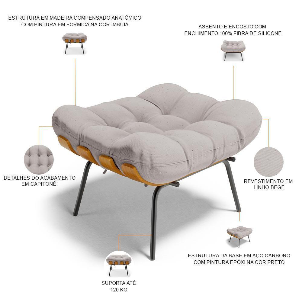 Poltrona Costela L02 Com Puff Linho Bege - Lyam Decor - 5