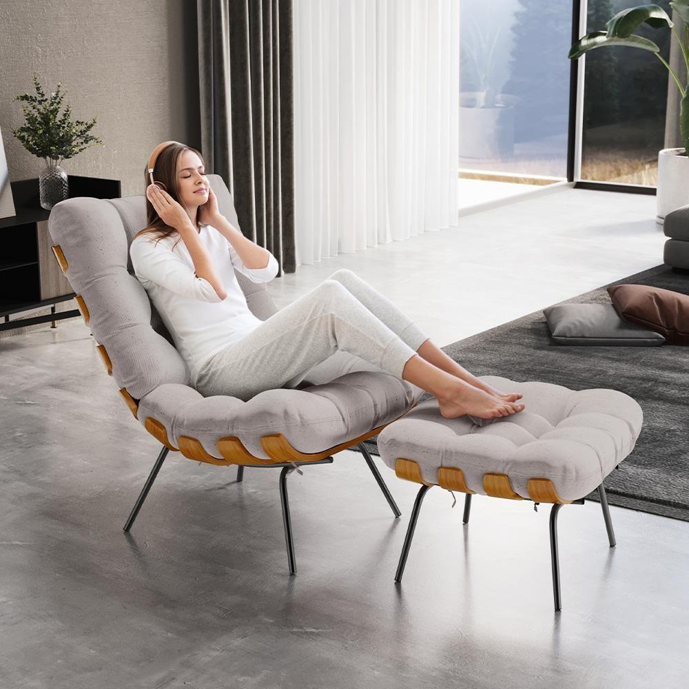 Poltrona Costela L02 Com Puff Linho Bege - Lyam Decor - 9