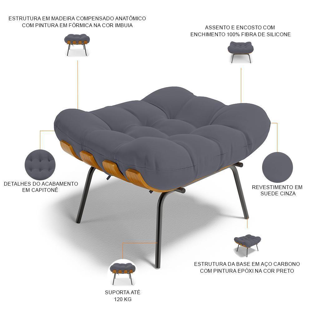 Poltrona Costela L02 Com Puff Suede Cinza - Lyam Decor - 5