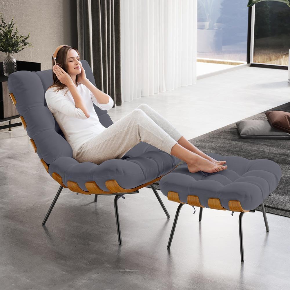 Poltrona Costela L02 Com Puff Suede Cinza - Lyam Decor - 9