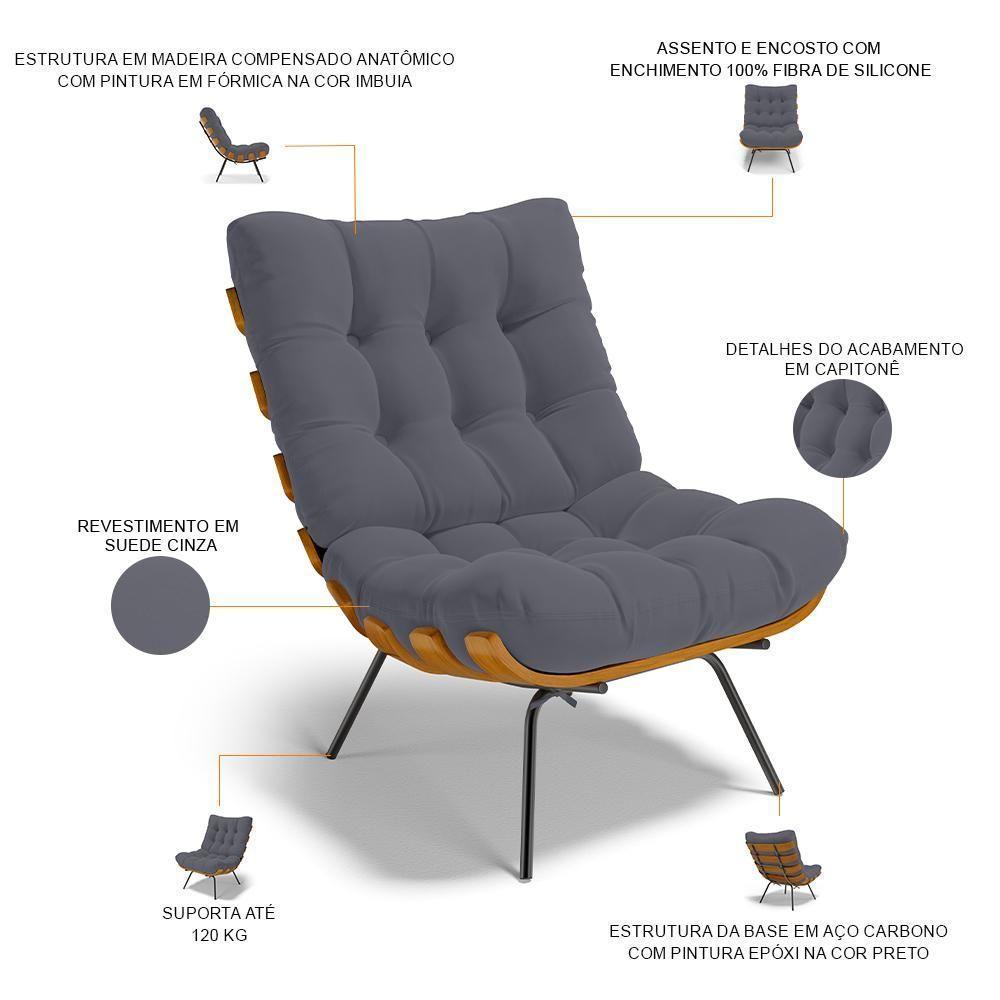 Poltrona Costela L02 Com Puff Suede Cinza - Lyam Decor - 10