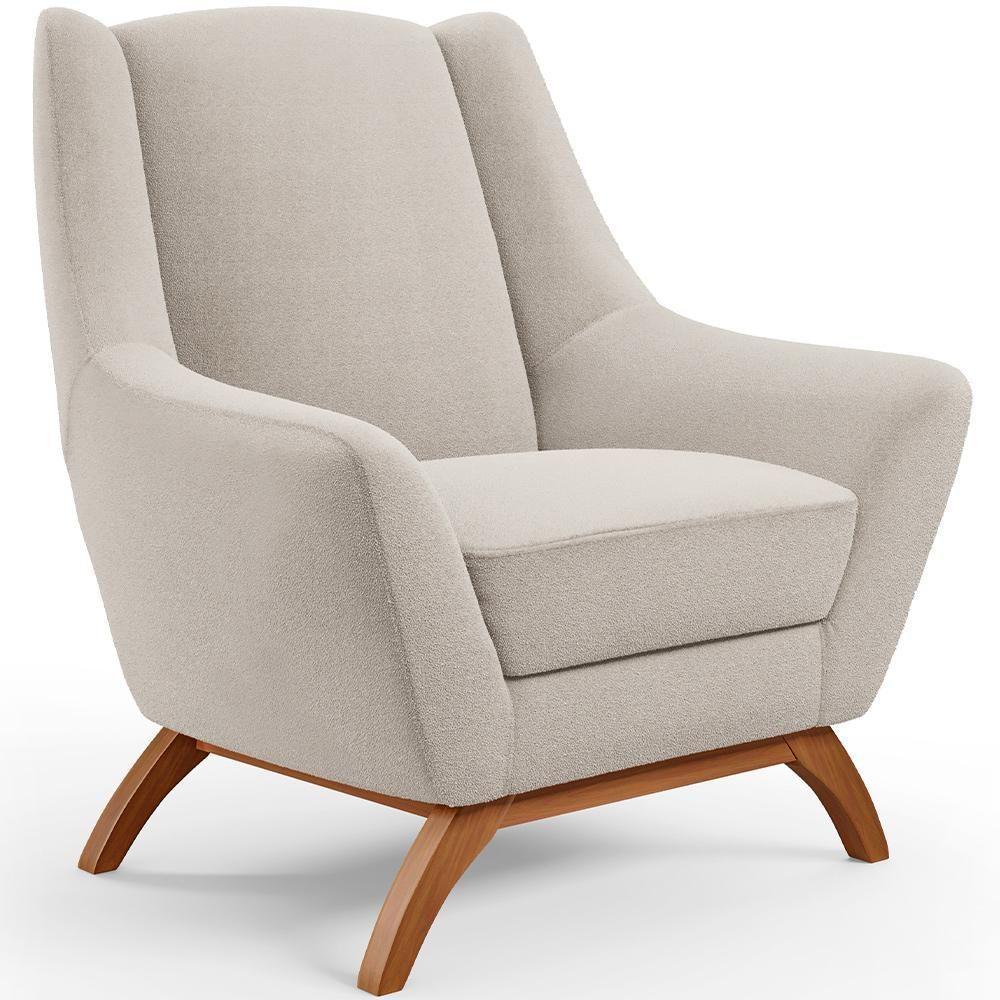 Poltrona Decorativa Fixa Base De Madeira Castanho Juliet D02 Bouclê Creme B-54 - Lyam Decor - 1