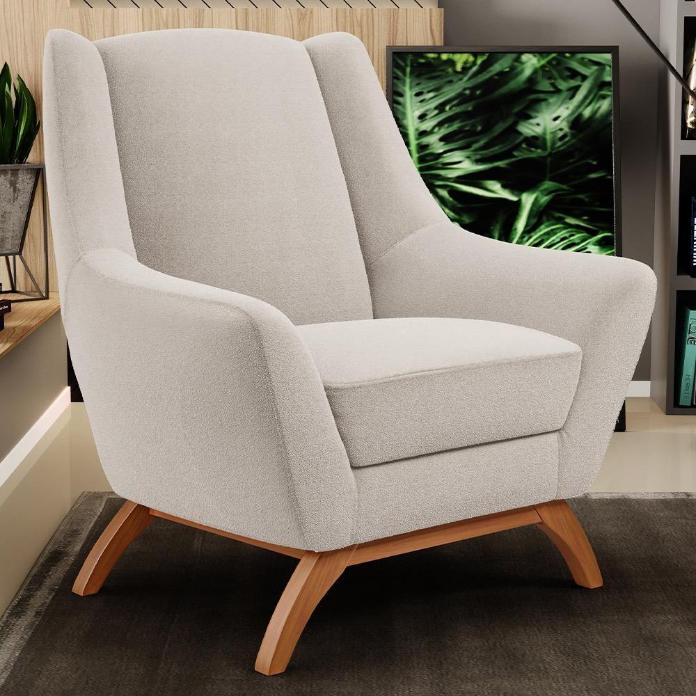Poltrona Decorativa Fixa Base De Madeira Castanho Juliet D02 Bouclê Creme B-54 - Lyam Decor - 6