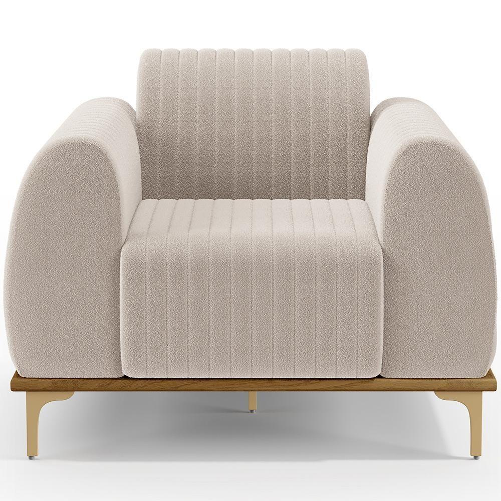 Poltrona Decorativa Base De Madeira Castanho E Pés Metalizado D'ouro Molino D02 Bouclê Creme B-54 - Lyam Decor - 3