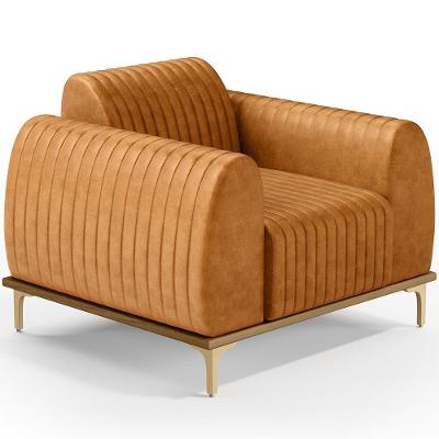 Poltrona Decorativa Base De Madeira Castanho E Pés Metalizado D'ouro Molino D02 Couríssimo Whisky B-90 - Lyam Decor