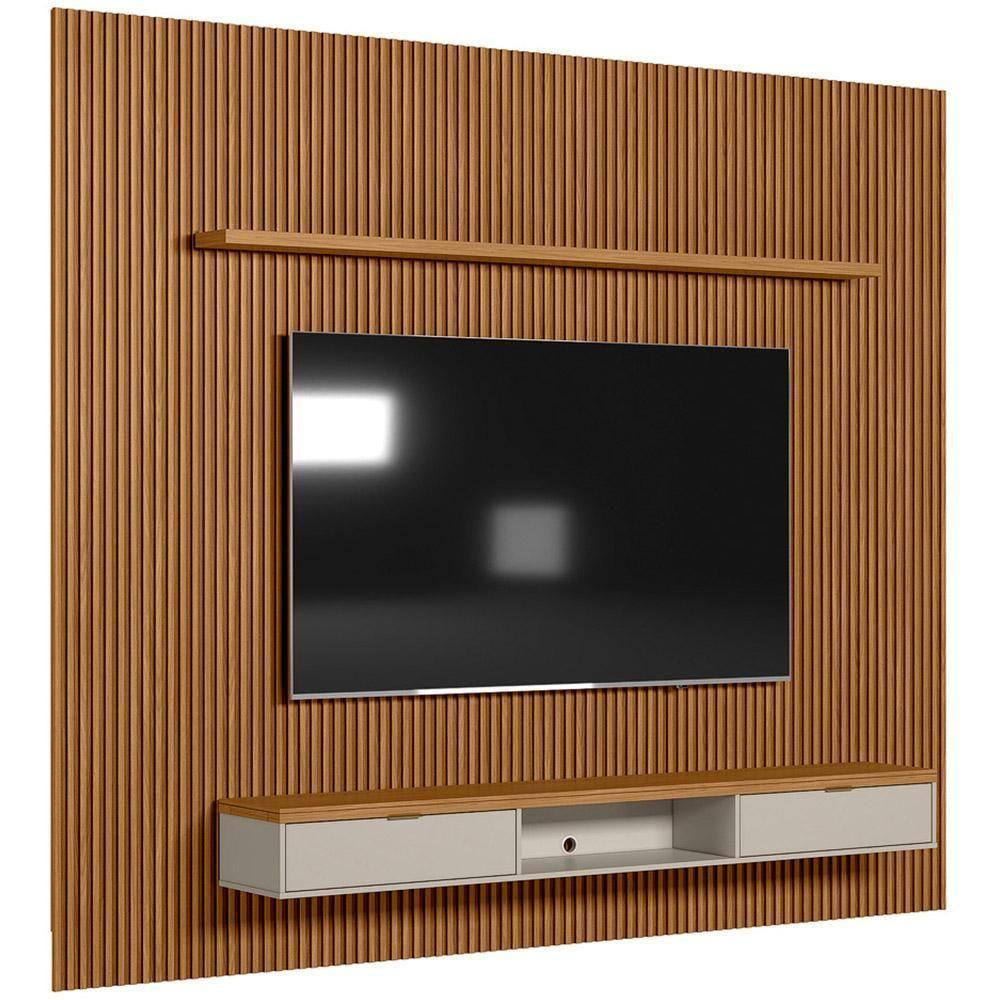 Painel Ripado Para Tv 75 Pol Slats E Bancada Lisa 297x250cm L05 Nature Off White - Lyam Decor - 1