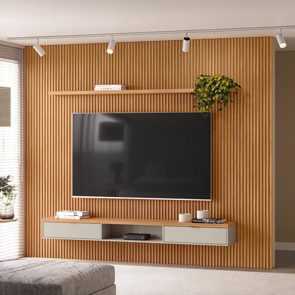 Painel Ripado Para Tv 75 Pol Slats E Bancada Lisa 297x250cm L05 Nature Off White - Lyam Decor - 5