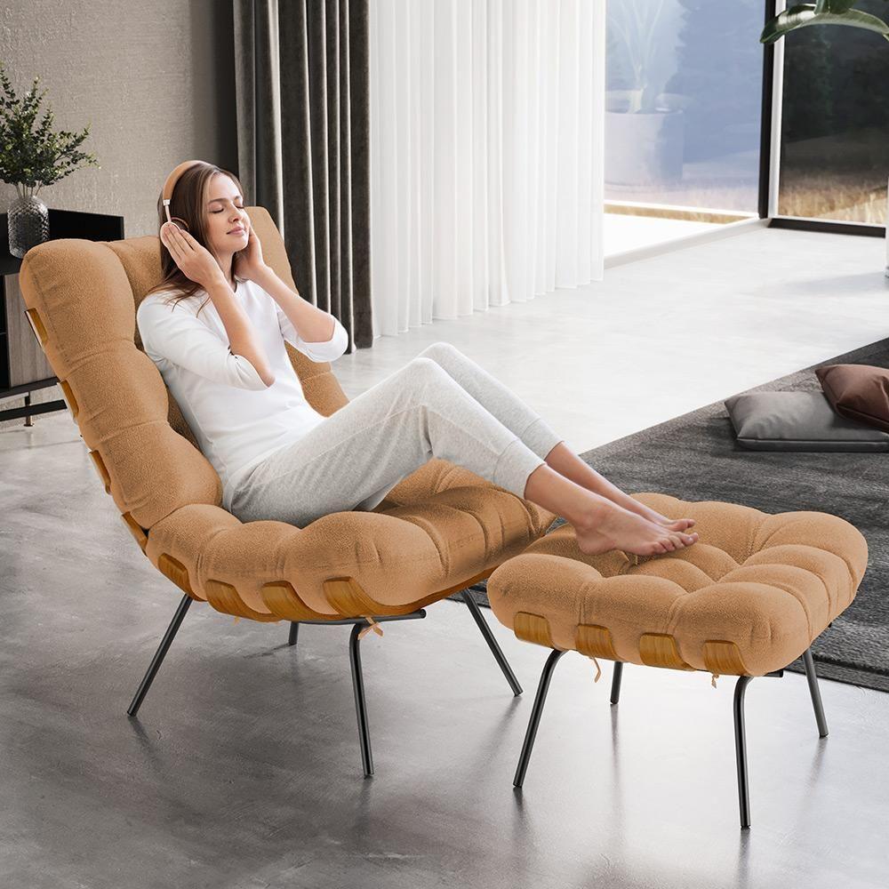 Poltrona Costela L02 Com Puff Bouclê Mostarda - Lyam Decor - 9