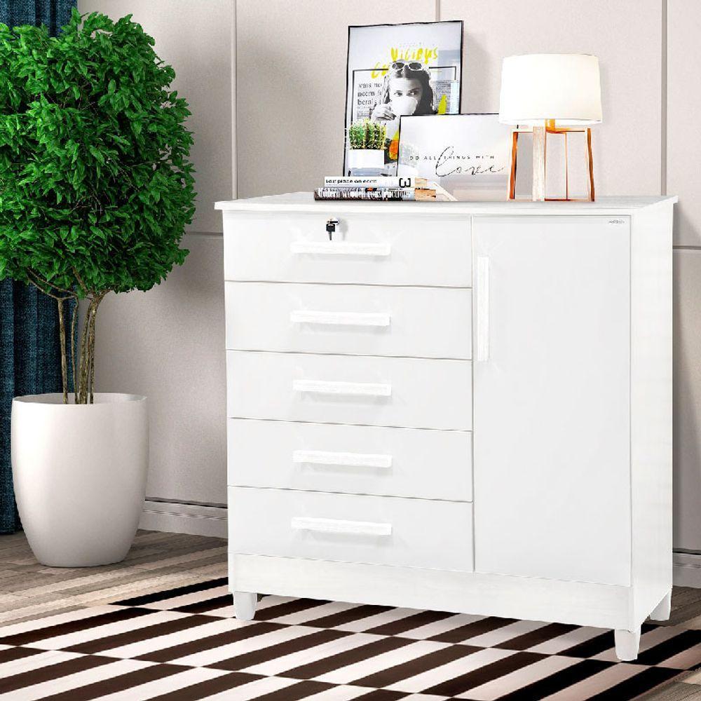 Cômoda Com Chave 1 Porta E 5 Gavetas Vitoria Branco Rud Rack - 1
