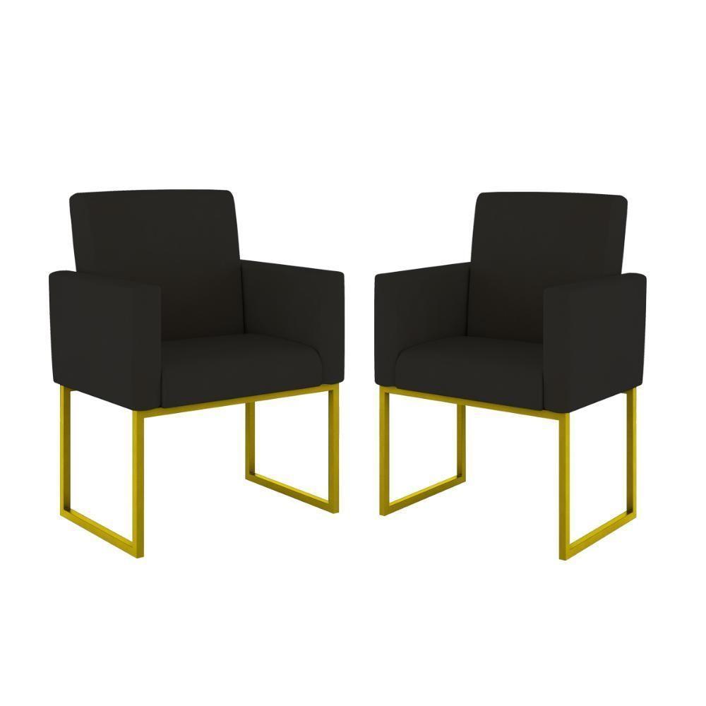 Kit 02 Poltronas Com Base De Ferro Dourado Reforçada Balaqui Decor Preto - 1
