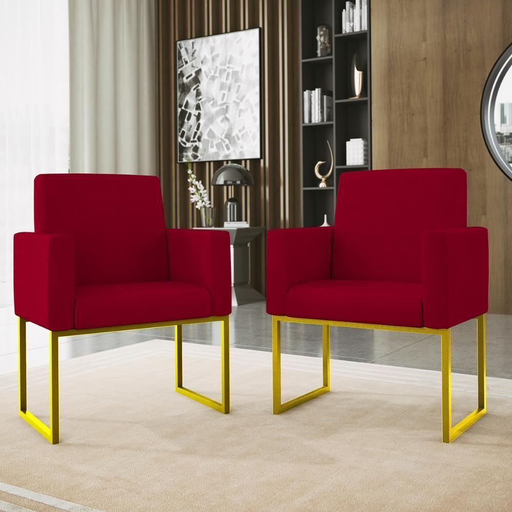 Kit 02 Poltronas Com Base De Ferro Dourado Reforçada Balaqui Decor Vermelho - 5
