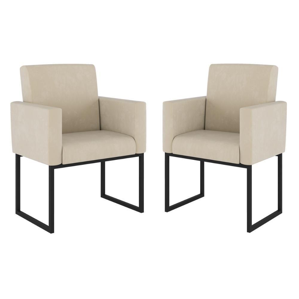 Kit 02 Poltronas Com Base De Ferro Preta Reforçada Balaqui Bege - 1