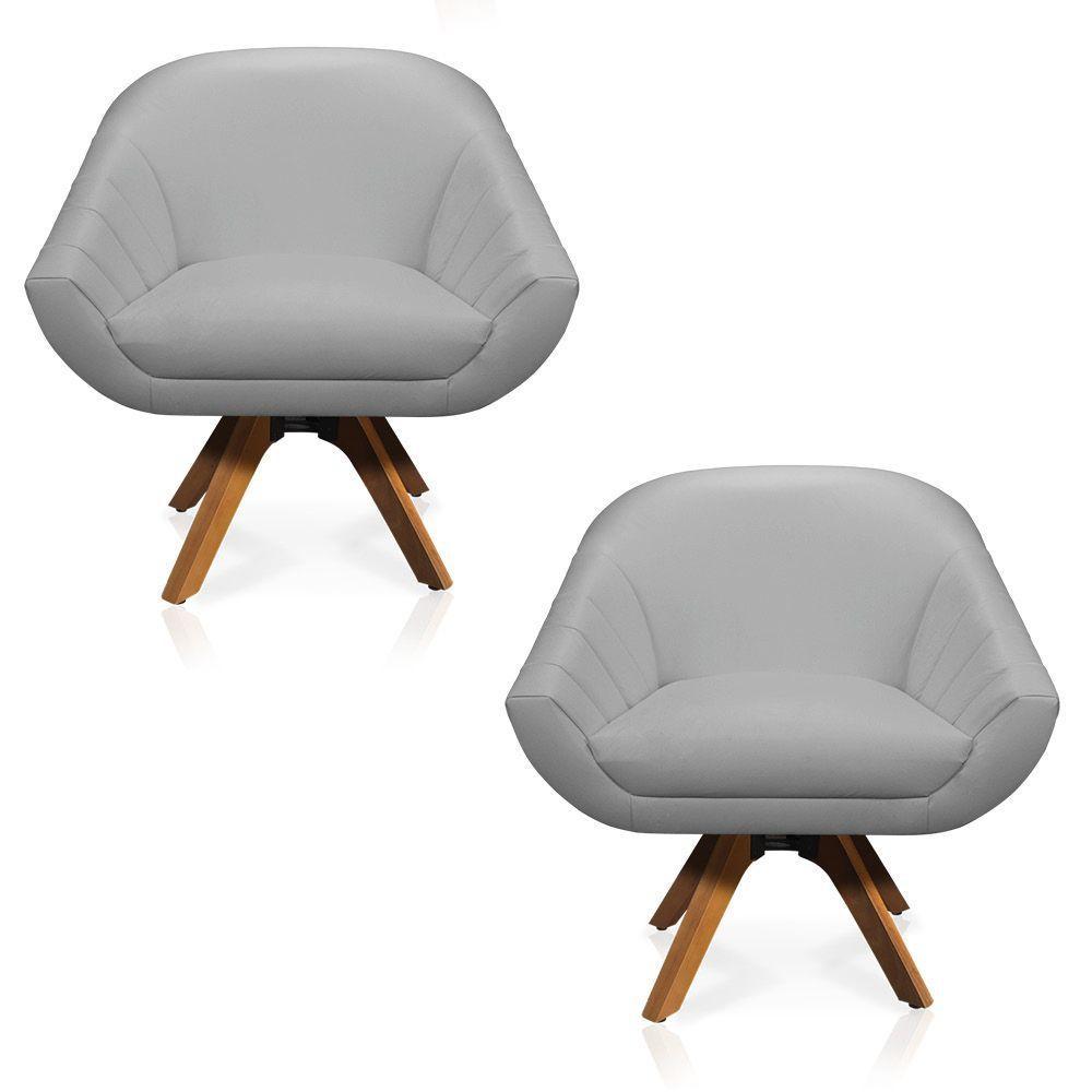 Kit 02 Poltronas Giratória Giovana Corino Base Madeira Mm30 - 1