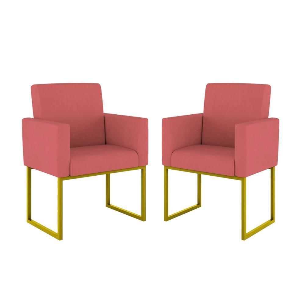 Kit 02 Poltronas Com Base De Ferro Dourado Reforçada Balaqui Rosa - 1