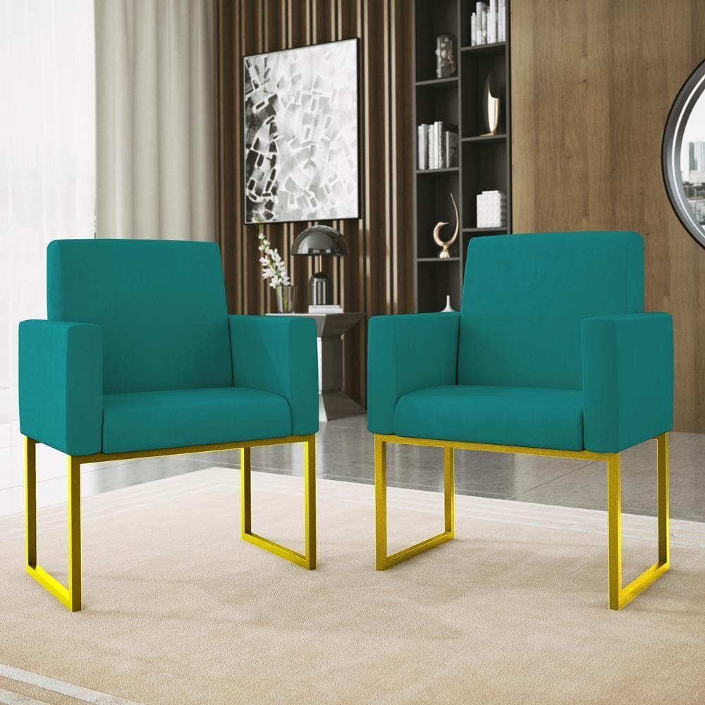 Kit 02 Poltronas Com Base De Ferro Dourado Reforçada Balaqui Decor Azul Turquesa - 5