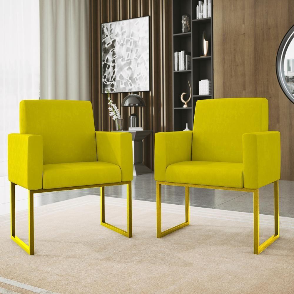 Kit 02 Poltronas Com Base De Ferro Dourado Reforçada Balaqui Decor Amarelo - 5