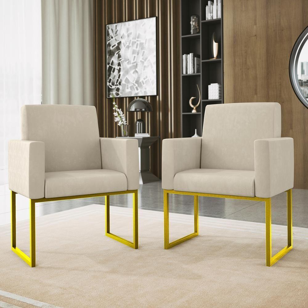 Kit 02 Poltronas Com Base De Ferro Dourado Reforçada Balaqui Decor Bege - 5