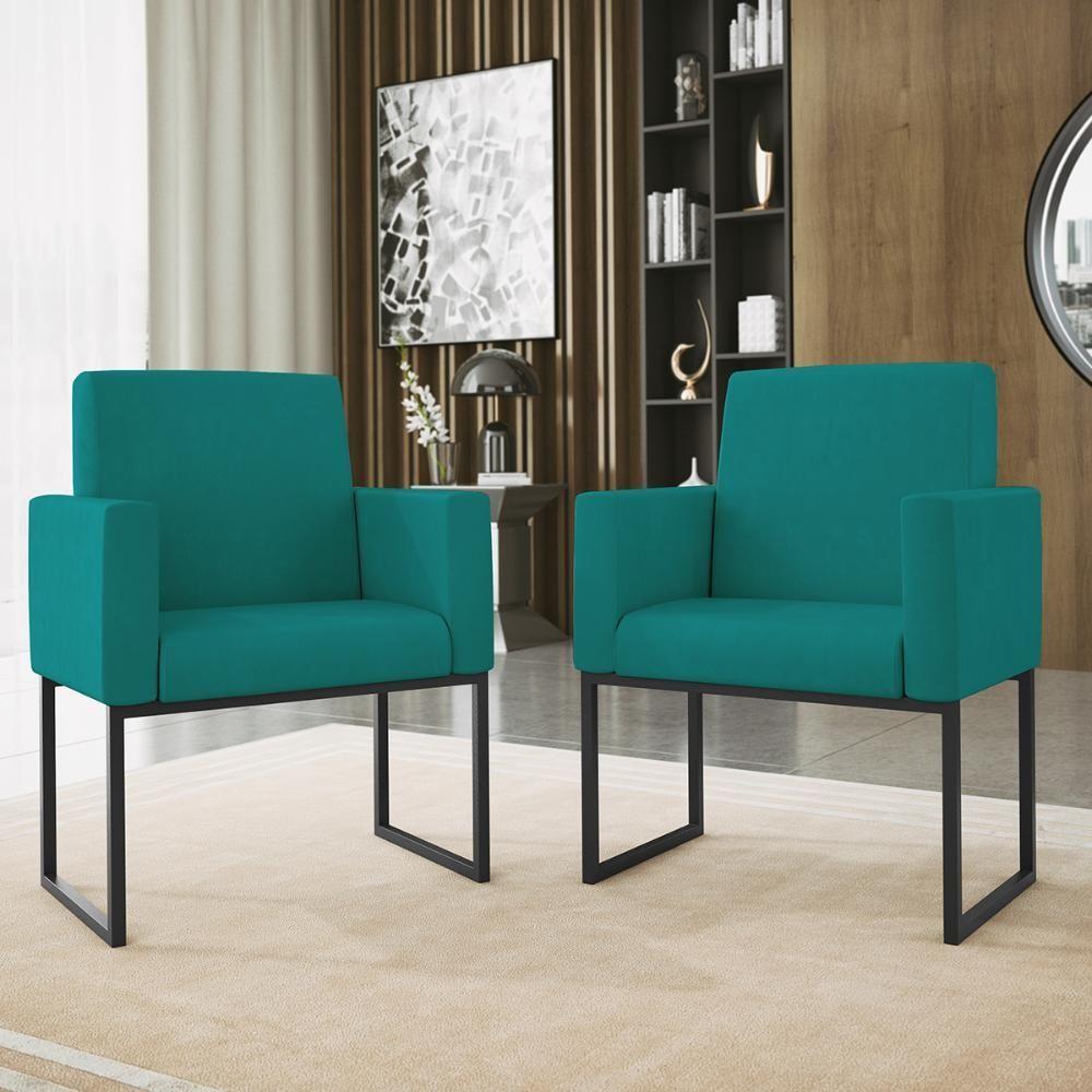 Kit 02 Poltronas Base De Ferro Preta Reforçada Balaqui Decor Azul Turquesa - 5