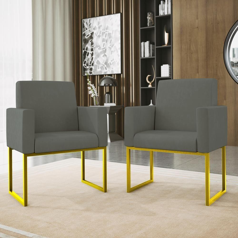 Kit 02 Poltronas Com Base De Ferro Dourado Reforçada Balaqui Decor Cinza - 5