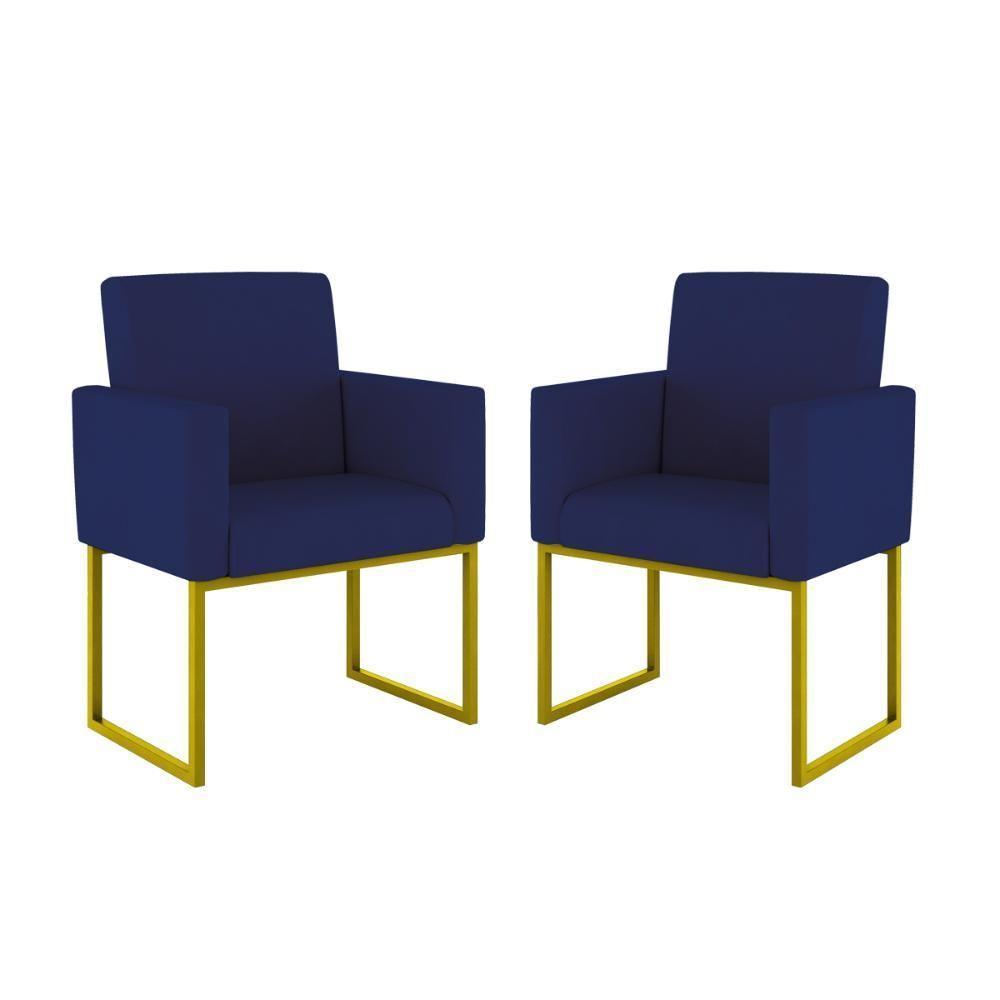 Kit 02 Poltronas Com Base De Ferro Dourado Reforçada Balaqui Decor Azul Marinho - 1