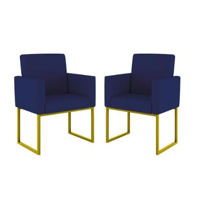 Kit 02 Poltronas Com Base De Ferro Dourado Reforçada Balaqui Decor Azul Marinho