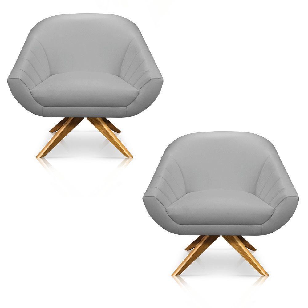 Kit 02 Poltronas Giratória Giovana Corino Cinza Base Madeira - 1
