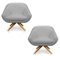 Kit 02 Poltronas Giratória Giovana Corino Cinza Base Madeira - 1