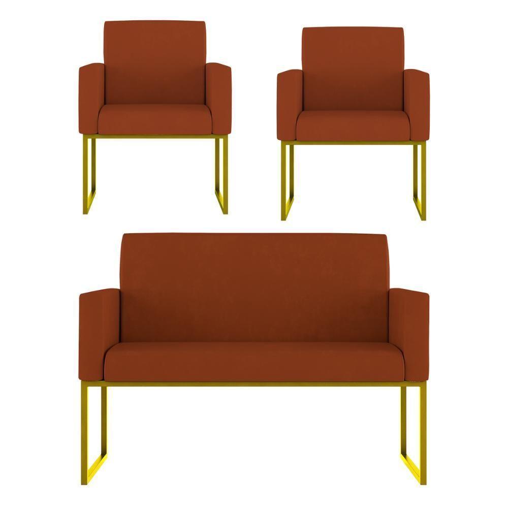 Kit 2 Poltronas + Namoradeira 2 Lugares Recepção Base Dourada Terracota - 1